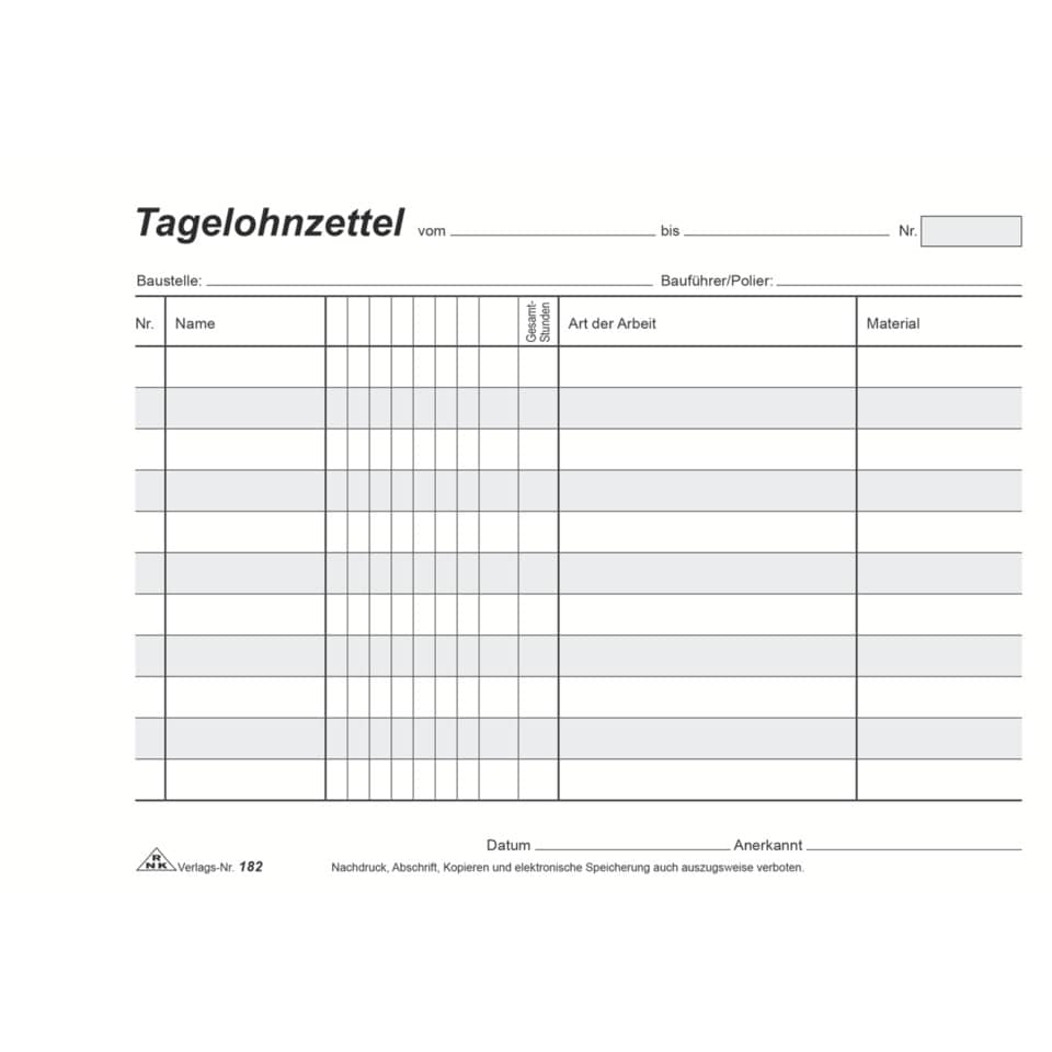 Tagelohnzettel - Block SD, A5 quer, SD, 3 x 40 Blatt, perforiert RNK 182