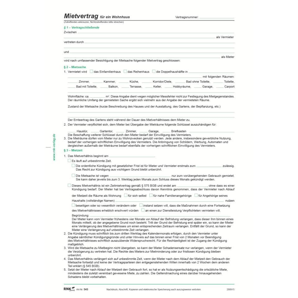Vertrag für die Vermietung eines Hauses, DIN A4, 8 Seiten RNK 545
