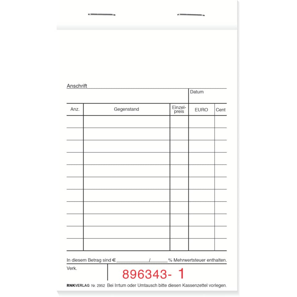 Kassenblock mit Nummerierung, 96 x 167mm, 2 x 50 Blatt RNK 2952 RNK 2952 oben geheftet