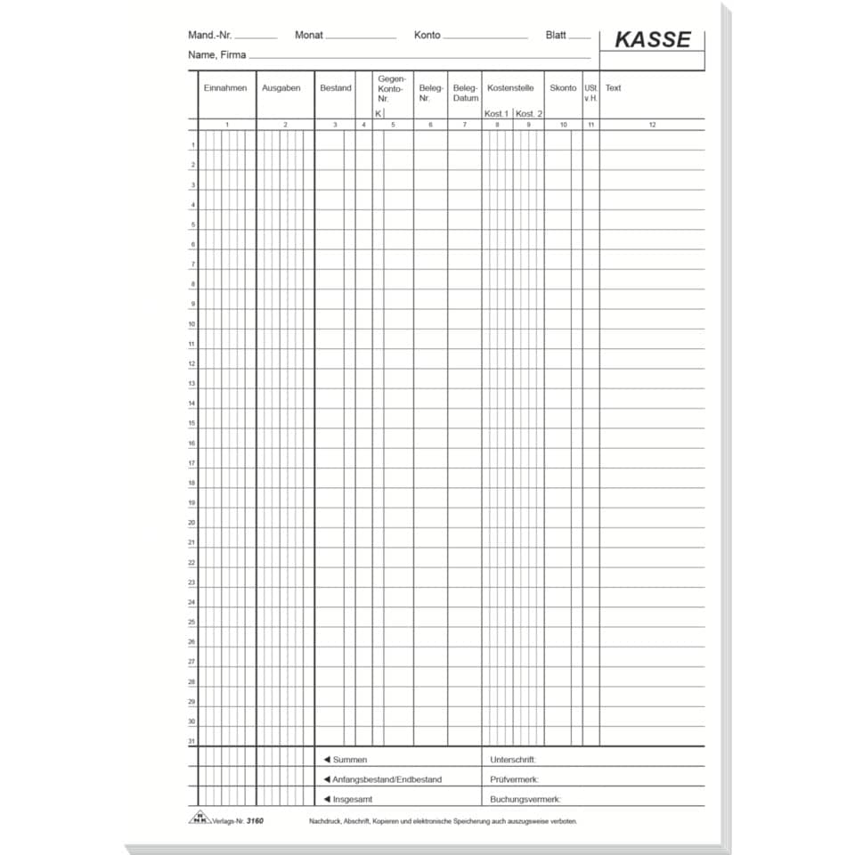 EDV-Kassenbuch - mit Durchschreibepapier, A4, 2 x 50 Blatt RNK 3160 RNK 3160 Steuerschiene 300