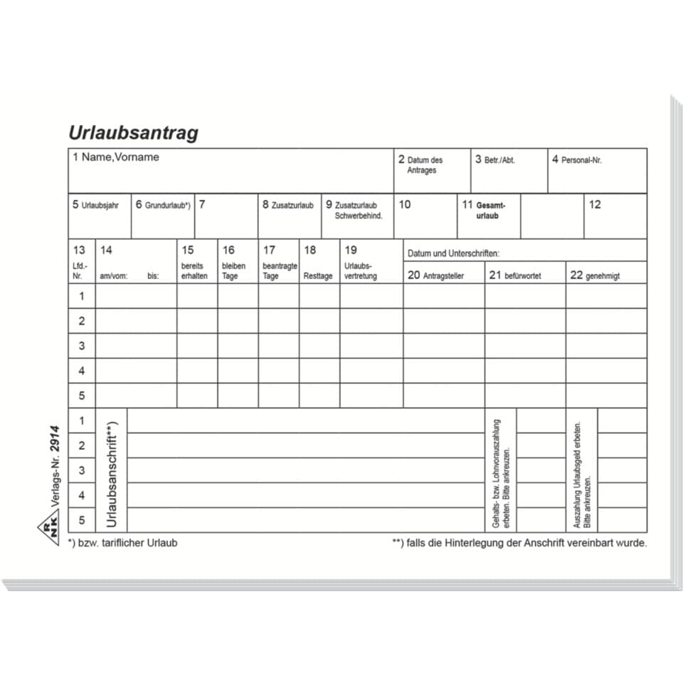 Urlaubs- und Freistellungsantrag, A6 quer, 50 Blatt RNK 2914