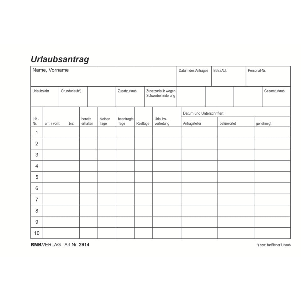 Urlaubs- und Freistellungsantrag, A6 quer, 50 Blatt RNK 2914