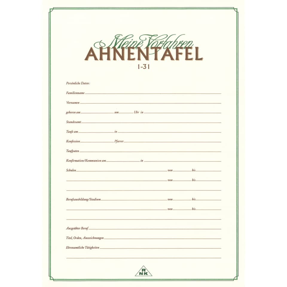 Ahnentafel 1-31 - 5 Generationen, A3 gefalzt auf A4, Urkundenpapier RNK 2800