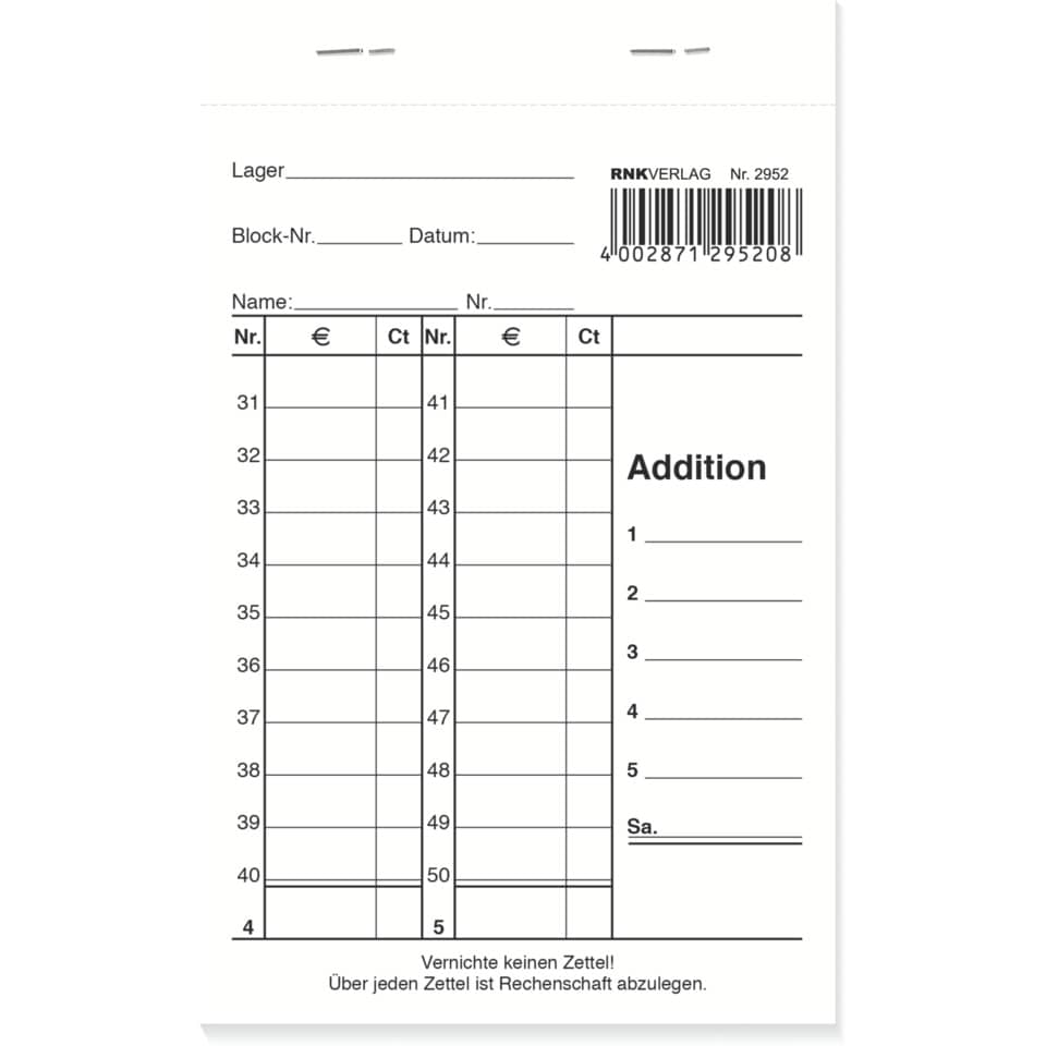 Kassenblock mit Nummerierung, 96 x 167mm, 2 x 50 Blatt RNK 2952 RNK 2952 oben geheftet