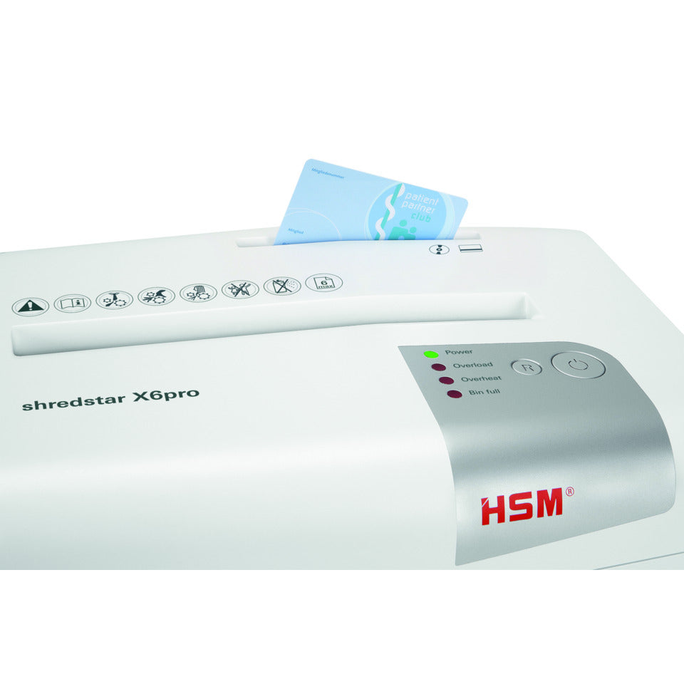 Aktenvernichter shredstar X6pro, Partikelschnitt 2x15mm, P5, 6 Blatt, weiß/silber HSM 1046111 HSM 1046111 Partikel 2x15mm