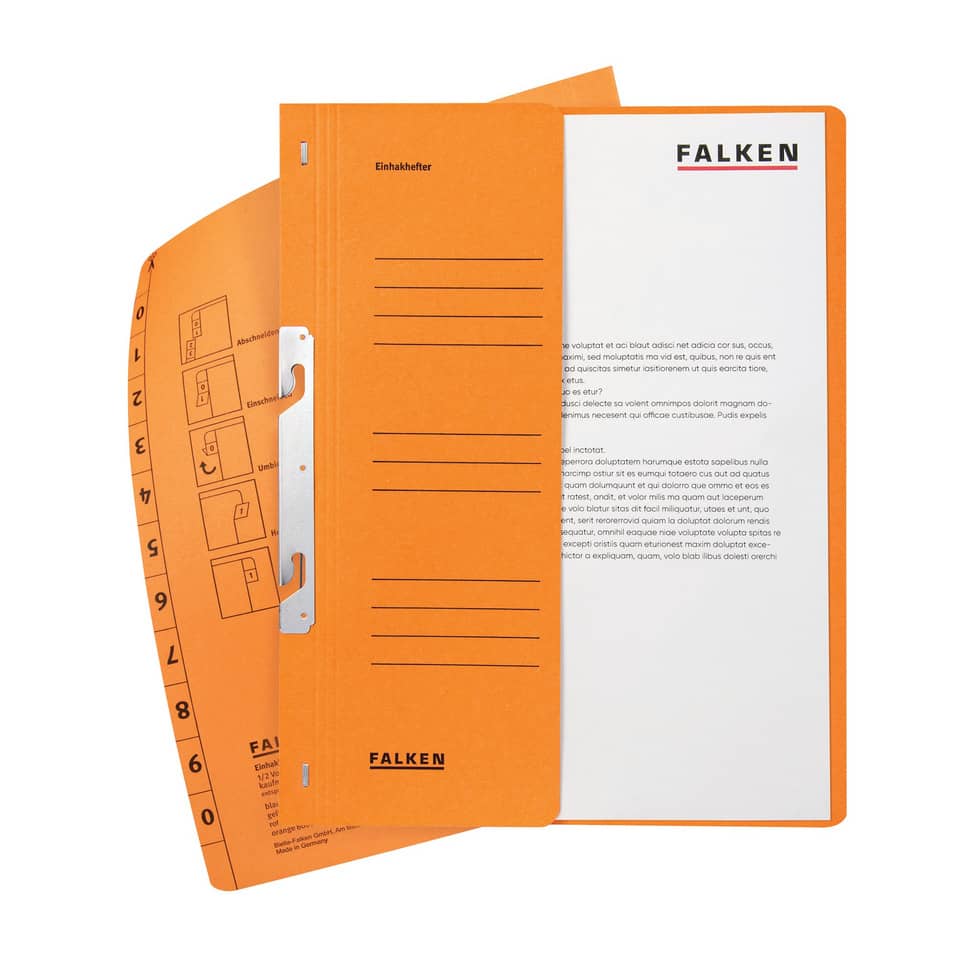 Einhakhefter, A4, halber Vorderdeckel, kaufmännische Heftung, orange FALKEN 80000755 FALKEN 80000755 1/2 Deckel