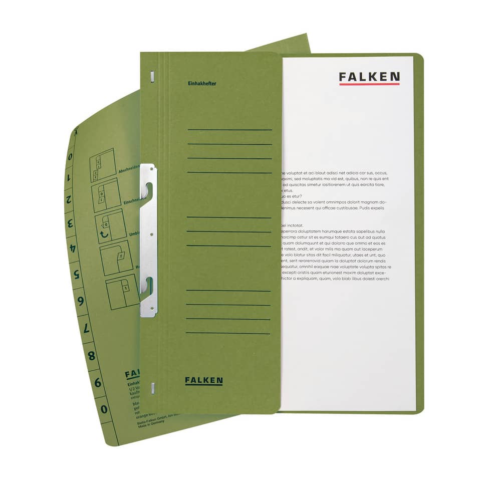 Einhakhefter, A4, halber Vorderdeckel, kaufmännische Heftung, grün FALKEN 80004013 FALKEN 80004013 1/2 Deckel