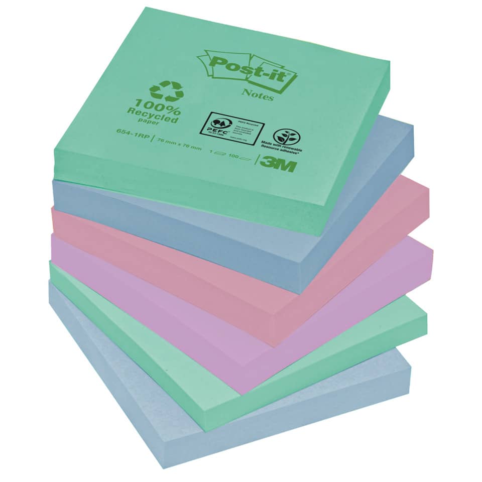 Haftnotizblock Recycling Notes, 76x76mm, Farbe: mint, hellblau, rosa, flamingopink, 6 x 100 Blatt POST-IT 654-1GB POST-IT 6541GB UWF 6x100BL