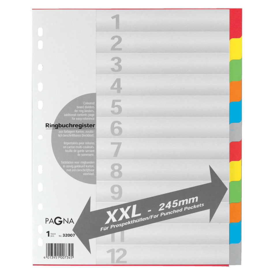 Kartonregister, DIN A4 Überbreite, 12-teilig, blanko, Karton, farbig, Universallochung PAGNA 32007-20 Pagna 3200720 überbreit