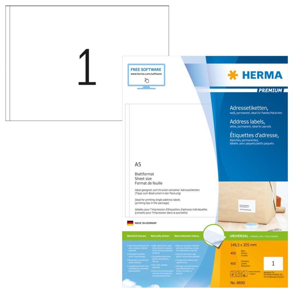 Adressetiketten Premium permanent, 148,5x205mm, 400 Stück, weiß HERMA 8690 HERMA 8690 A5  400 Stück permanent