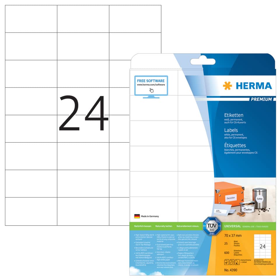 Etiketten Premium permanent, 70x37mm, 600 Stück, weiß HERMA 4390 HERMA 4390  600 Stück permanent haftend