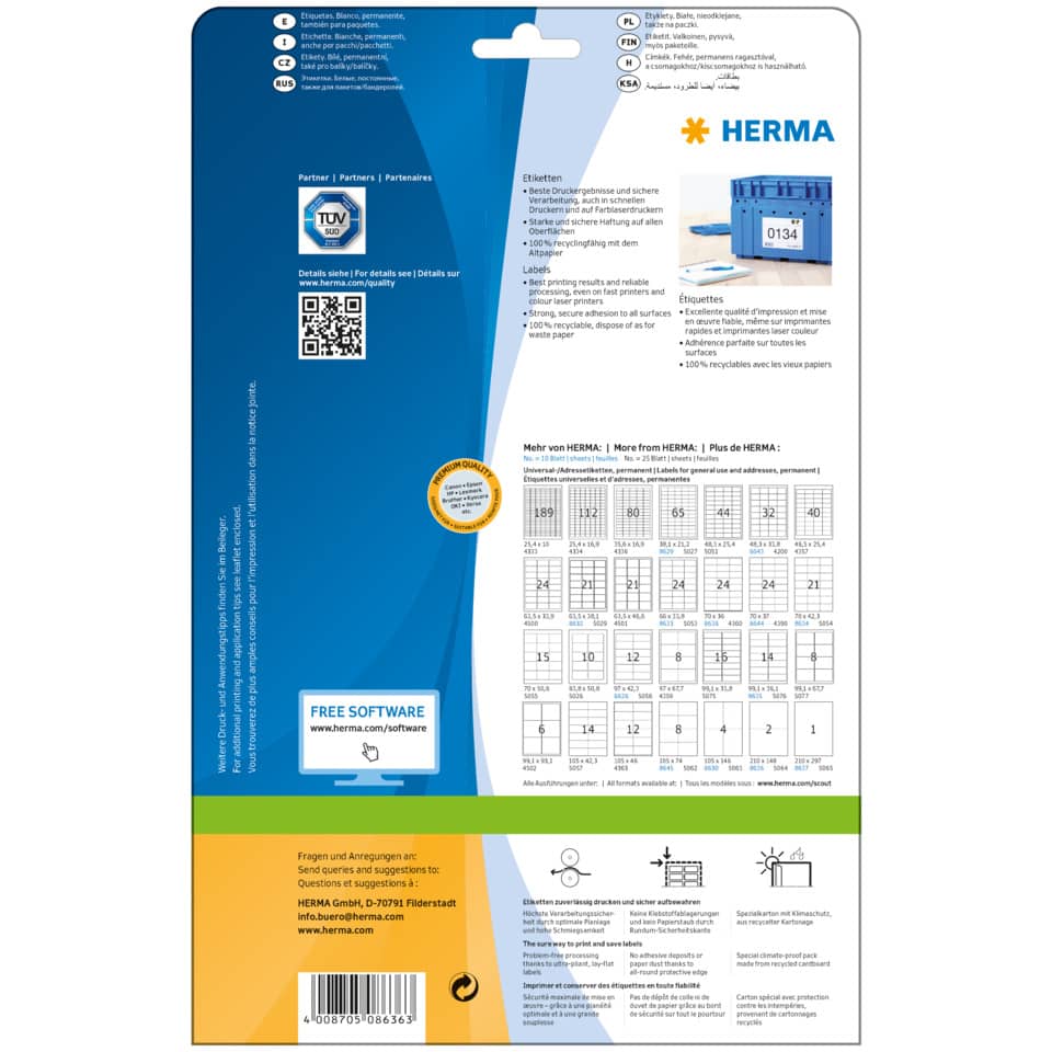 Etiketten Premium permanent, 210x148mm, 20 Stück, weiß HERMA 8636 HERMA 8636  20 Stück permanent haftend