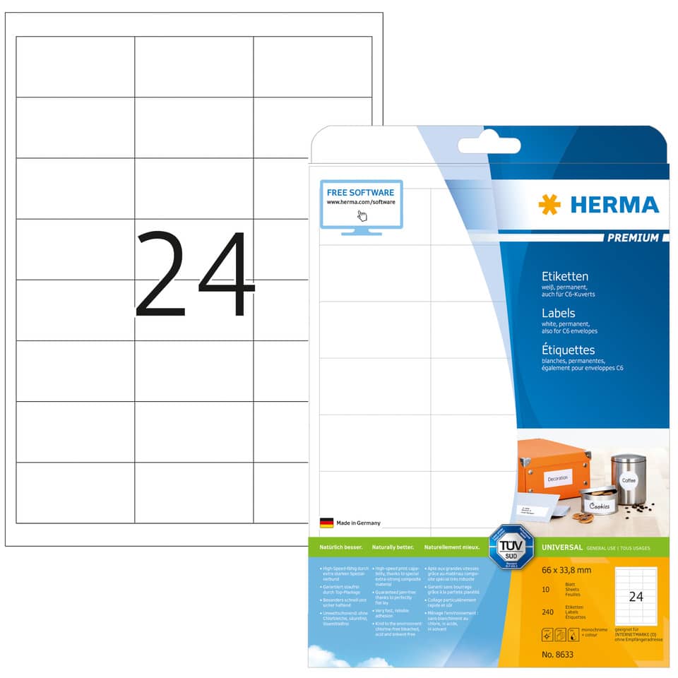 Etiketten Premium permanent, 66x33,8mm, 240 Stück, weiß HERMA 8633 HERMA 8633  240 St. permanent haftend