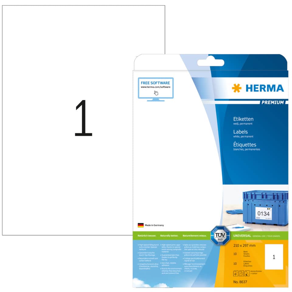 Etiketten Premium permanent, 210x297mm, 10 Stück, weiß HERMA 8637 HERMA 8637  10 St. permanent haftend