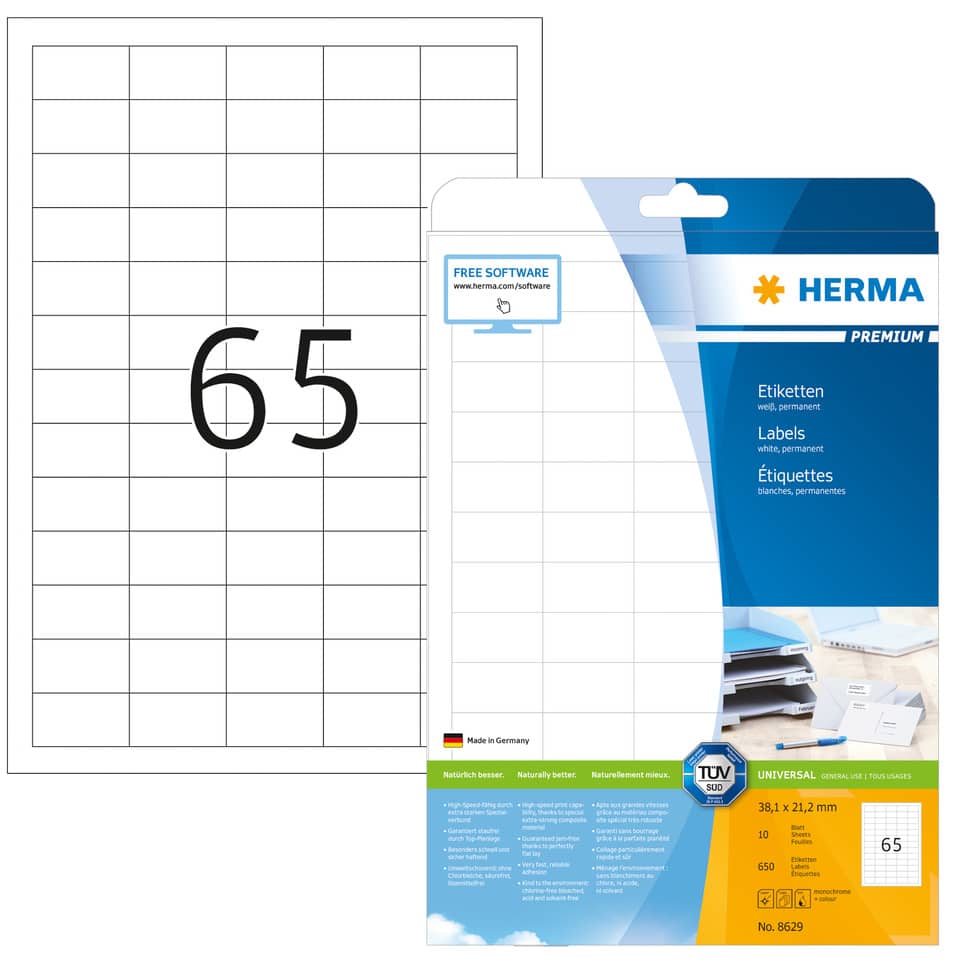 Etiketten Premium permanent, 38,1x21,2mm, 650 Stück, weiß HERMA 8629 HERMA 8629  650 St. permanent haftend