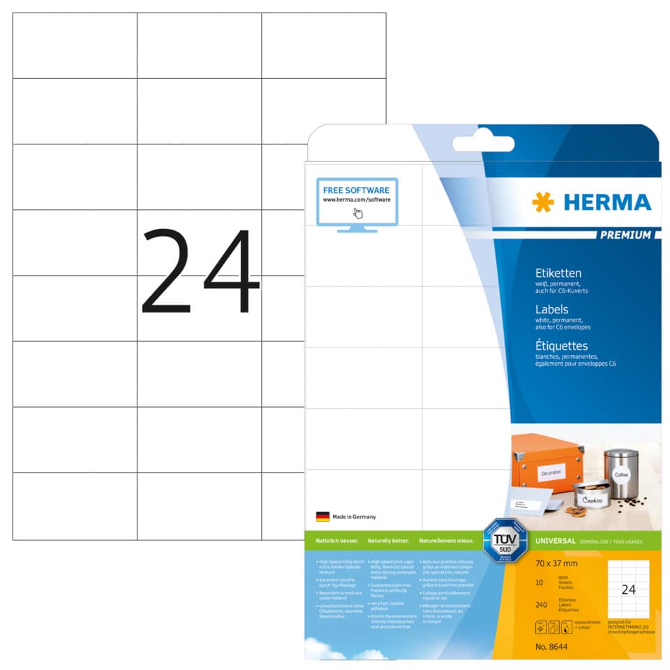 Etiketten Premium permanent, 70x37mm, 240 Stück, weiß HERMA 8644 HERMA 8644  240 St. permanent haftend