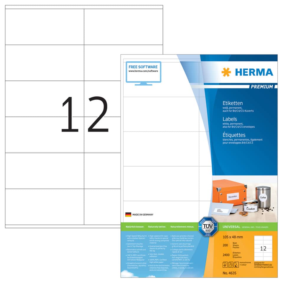 Etiketten Premium permanent, 105x48mm, 2400 Stück, weiß HERMA 4635 HERMA 4635  200x12=2400St