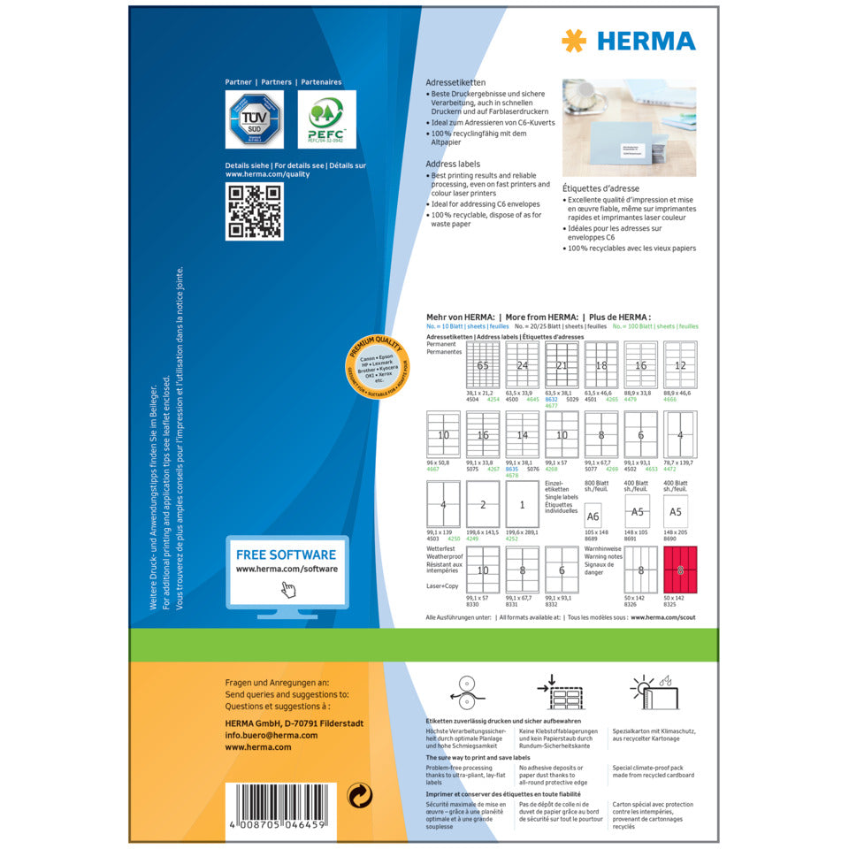 Adressetiketten Premium permanent, 63,5x33,9mm, 2400 Stück, weiß HERMA 4645 HERMA 4645 C6 Kuvert  2400St