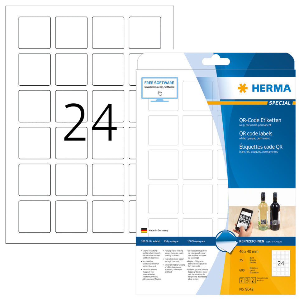 QR-Code Etiketten permanent, 40x40mm, 600 Stück, weiß HERMA 9642 HERMA 9642 QR-Code