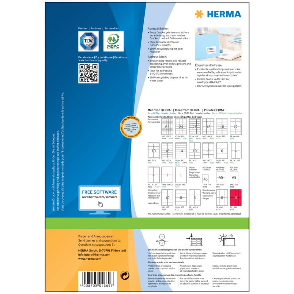 Etiketten Premium permanent, 99,1x67,7mm , 800 Stück, weiß HERMA 4269 HERMA 4269 C4/C5-Kuv 800 St. permanent