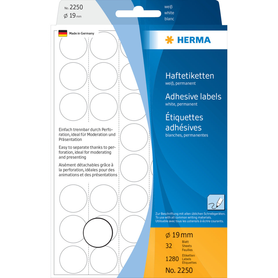 Etiketten permanent, Ø19mm, 1280 Stück, weiß HERMA 2250 HERMA 2250 Farbpunkte