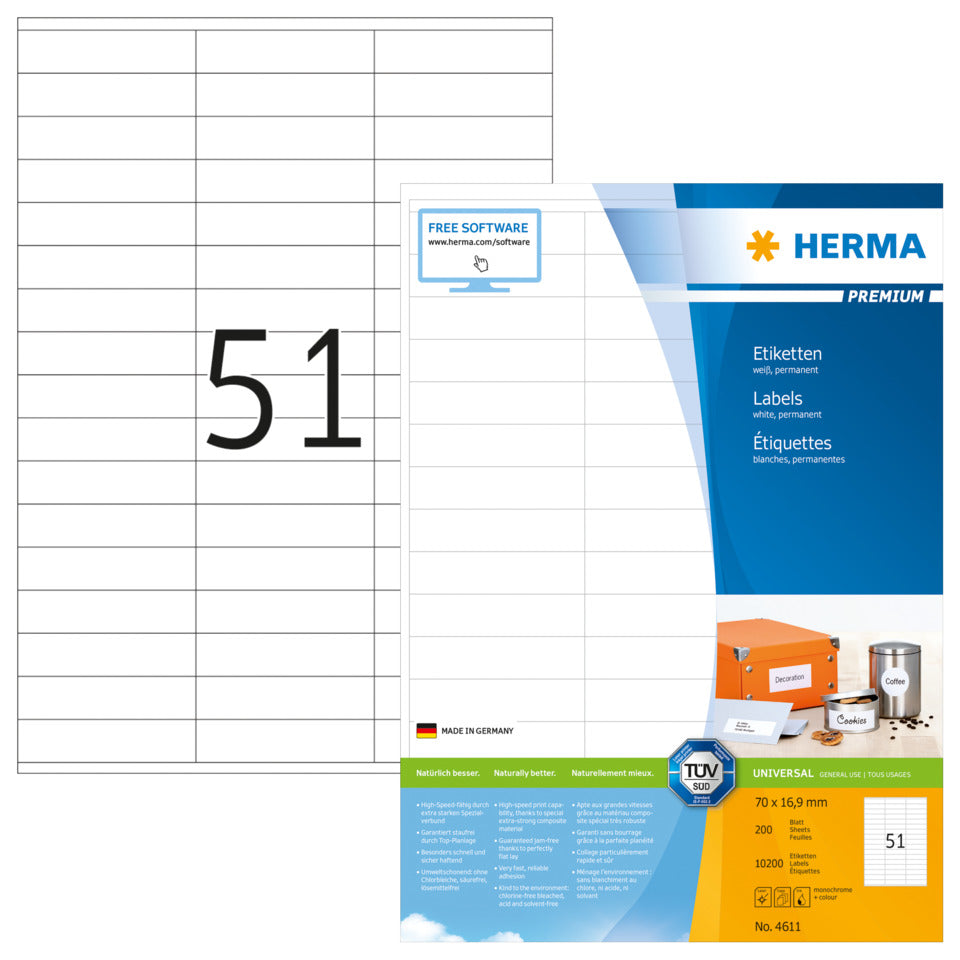 Etiketten Premium permanent, 70x16,9mm, 10.200 Stück, weiß HERMA 4611 HERMA 4611 Besorgung