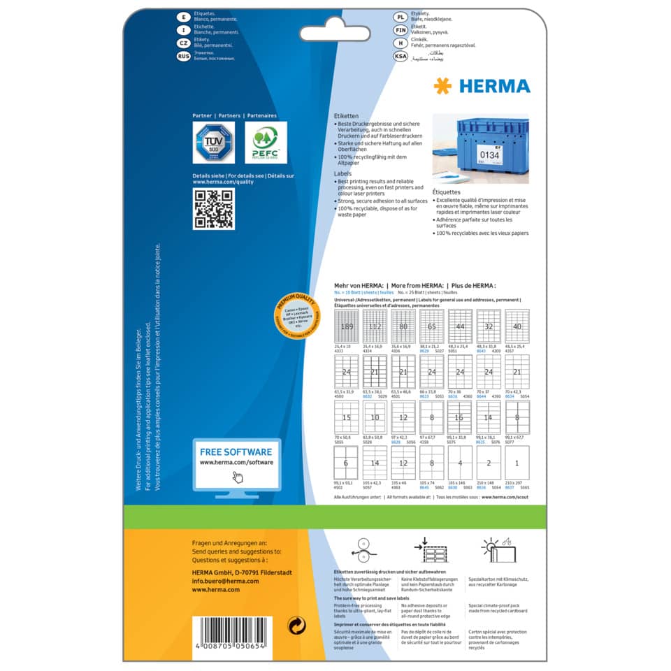 Etiketten Premium permanent, 297x210mm, 25 Stück, weiß HERMA 5065 HERMA 5065 Premium 25 St. permanent