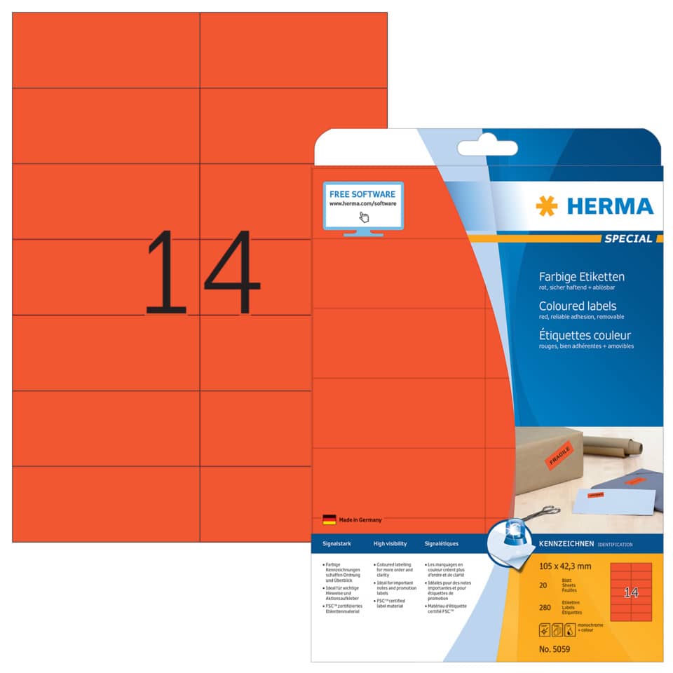 Etiketten ablösbar, 105x42,3mm, 280 Stück, rot HERMA 5059 HERMA 5059  280 Stück  ablösbar