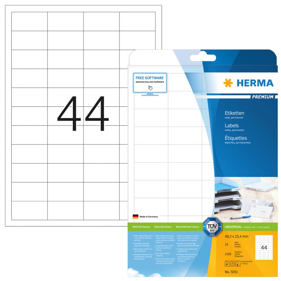 Etiketten Premium permanent, 48,3x25,4mm, 1100 Stück, weiß HERMA 5051 HERMA 5051 Premium 1100 St. permanent