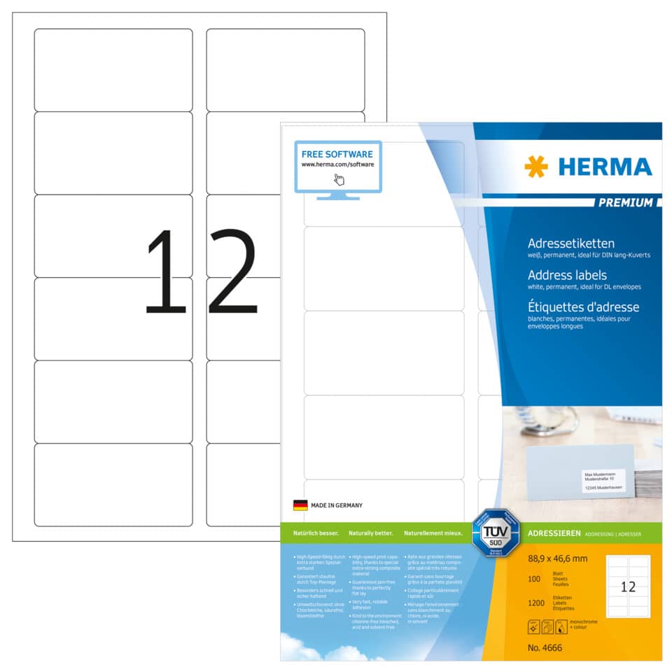 Etiketten Premium permanent, 88,9x46,6mm, 1200 Stück, weiß HERMA 4666 HERMA 4666 DIN-Kuvert 1200 St. permanent