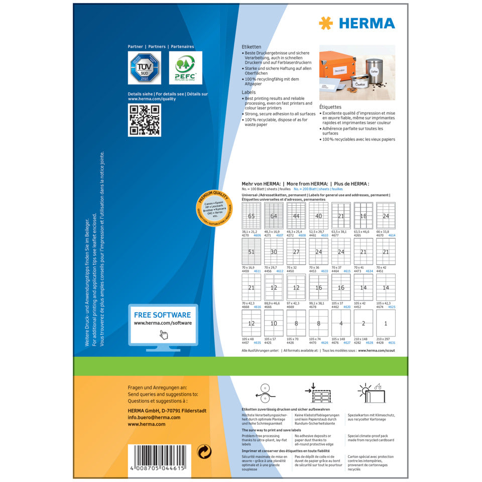 Etiketten Premium permanent, 52,5x29,7mm, 4000 Stück, weiß HERMA 4461 HERMA 4461 Premium 4000 St. permanent
