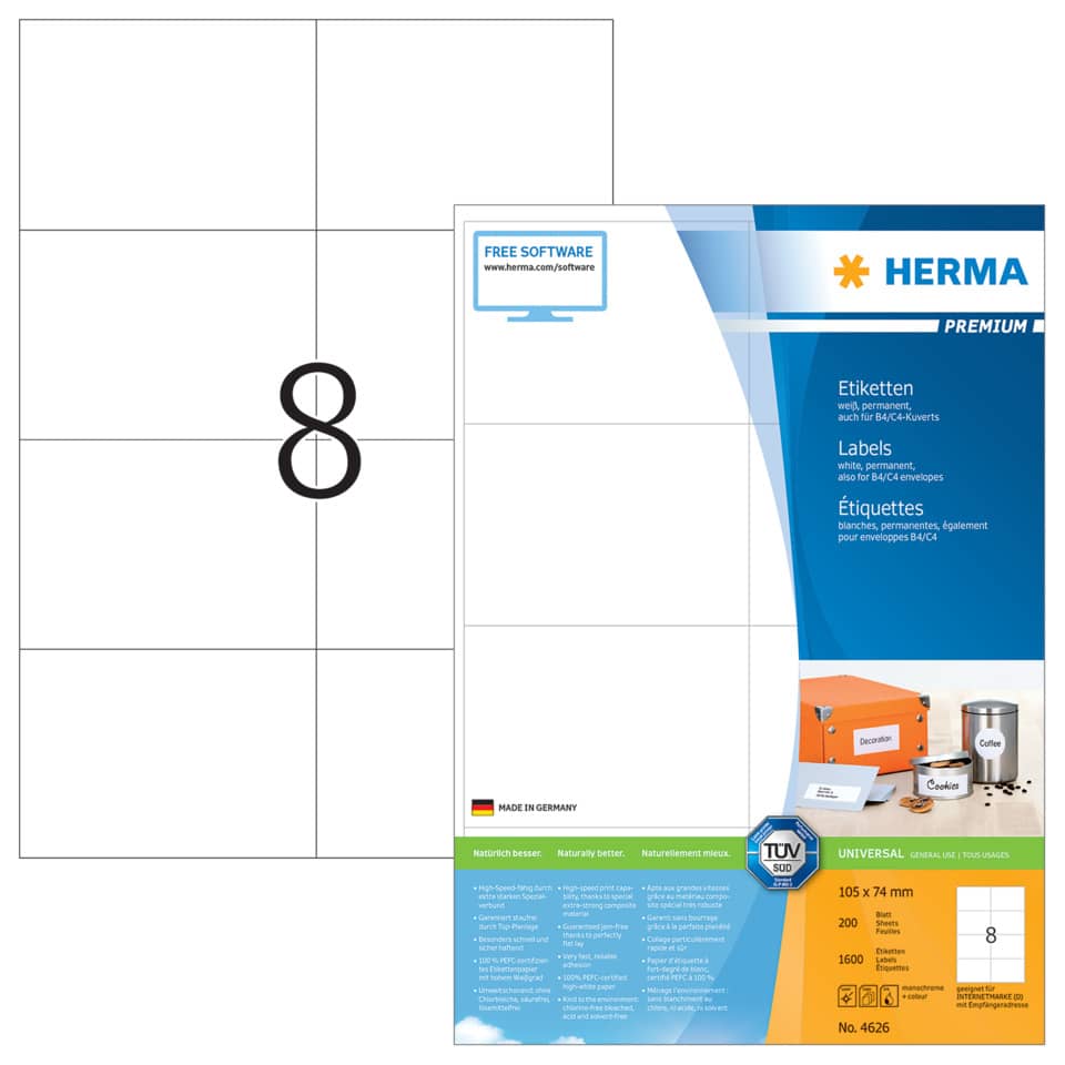 Etiketten Premium permanent, 105x74mm, 1600 Stück, weiß HERMA 4626 HERMA 4626 1600 Stück permanent haftend