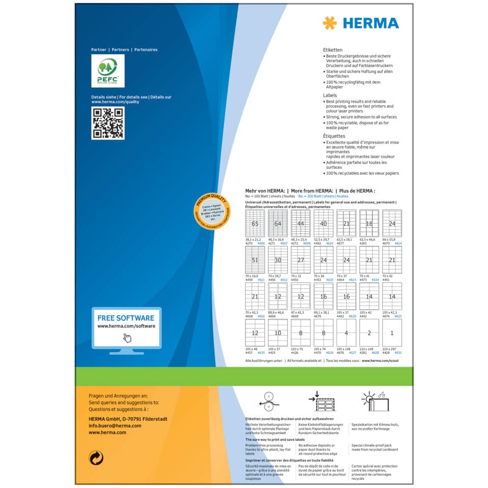 Etiketten Premium permanent, 70x37mm, 4800 Stück, weiß HERMA 4615 HERMA 4615 4800 Stück permanent haftend