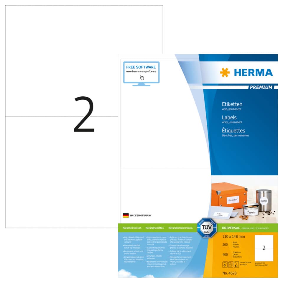 Etiketten Premium permanent, 210x148mm, 400 Stück, weiß HERMA 4628 HERMA 4628 Premium 400 St. permanent