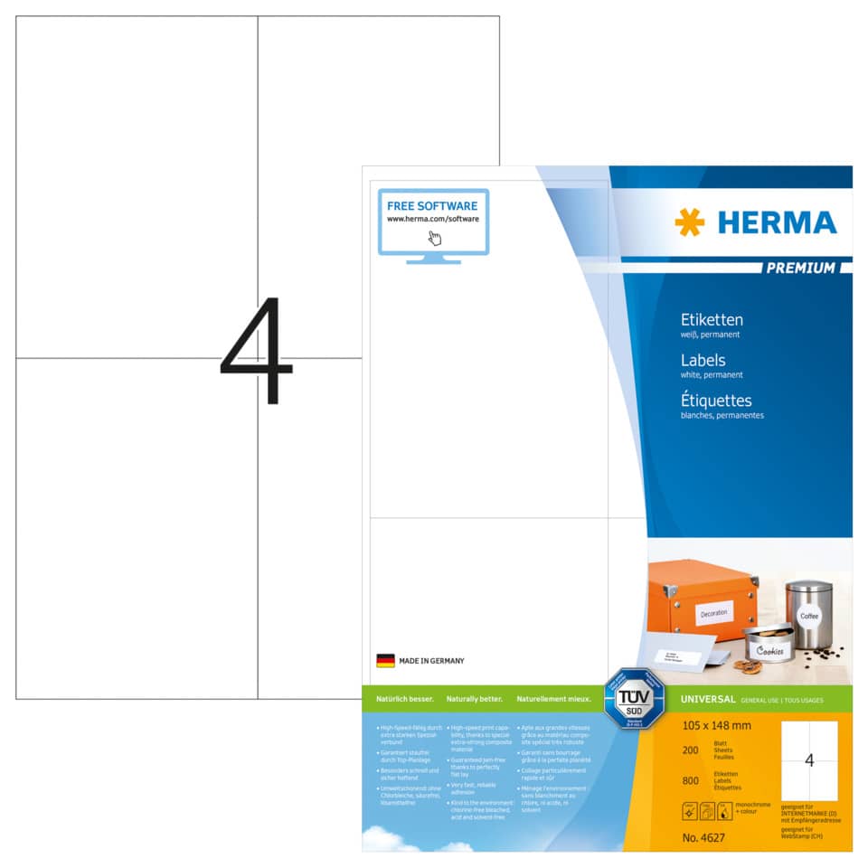Etiketten Premium permanent, 105x148mm, 800 Stück, weiß HERMA 4627 HERMA 4627  800 Stück permanent haftend