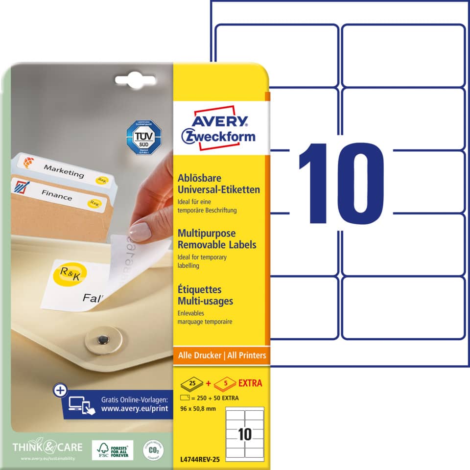 Universaletiketten ablösbar, 96x50,8mm, 250 Stück, weiß AVERY ZWECKFORM L4744REV-25 ZWECKFORM L4744REV-25 250ST