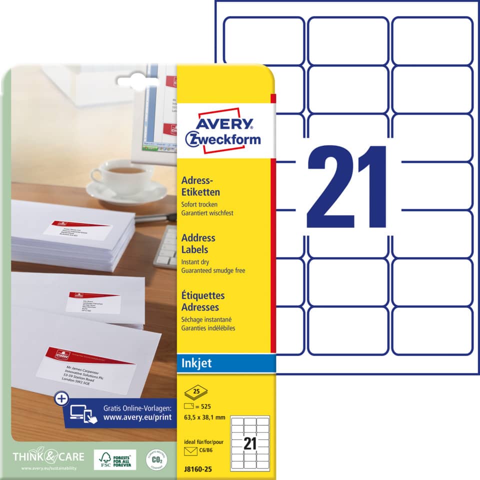 Adress-Etiketten, 63,5x38,1mm, 525 Stück, weiß AVERY ZWECKFORM J8160-25 ZWECKFORM J8160-25  63.5x38.1