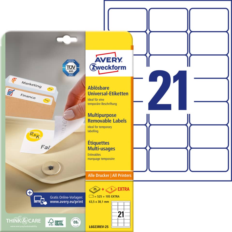 Universaletiketten ablösbar, 63,5x38,1mm, 525 Stück, weiß AVERY ZWECKFORM L6023REV-25 ZWECKFORM L6023REV-25 525ST