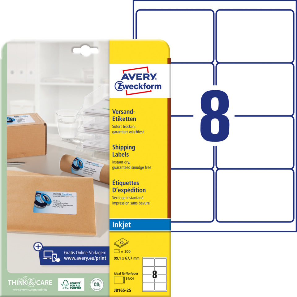 Versandetiketten, 99,1x67,7mm, 200 Stück, weiß AVERY ZWECKFORM J8165-25 ZWECKFORM J8165-25 99,1x67,7