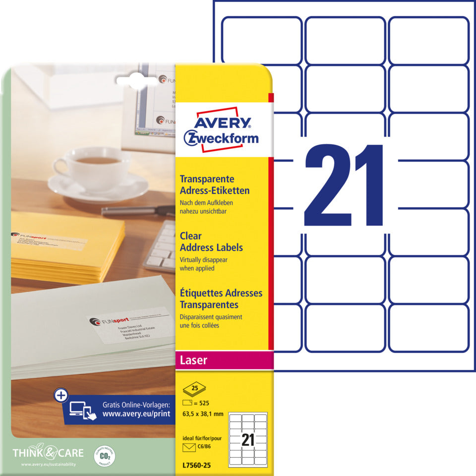 Adress-Etiketten, 63,5x38,1mm, 525 Stück, transparent AVERY ZWECKFORM L7560-25 ZWECKFORM L7560-25  525St
