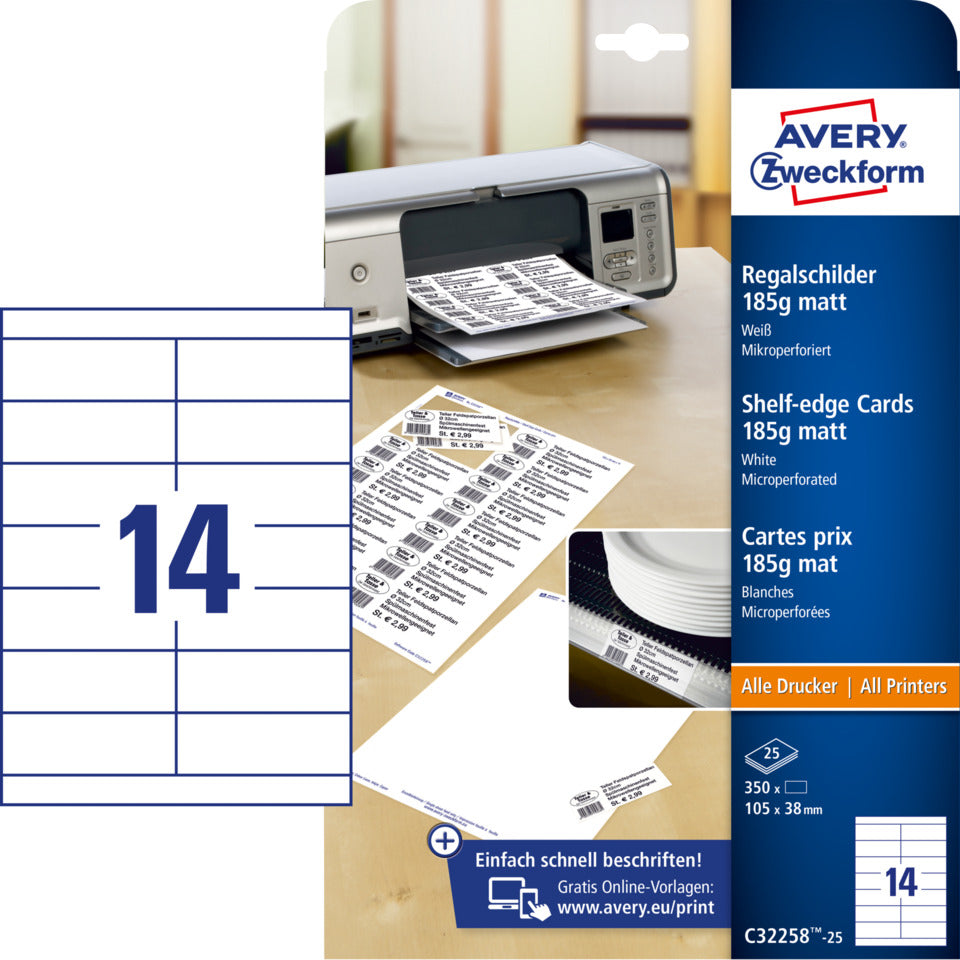 Regalschilder, 105x38mm, beidseitig beschichtet, 350 Stück AVERY ZWECKFORM C32258-25 ZWECKFORM C32258-25 105x38mm