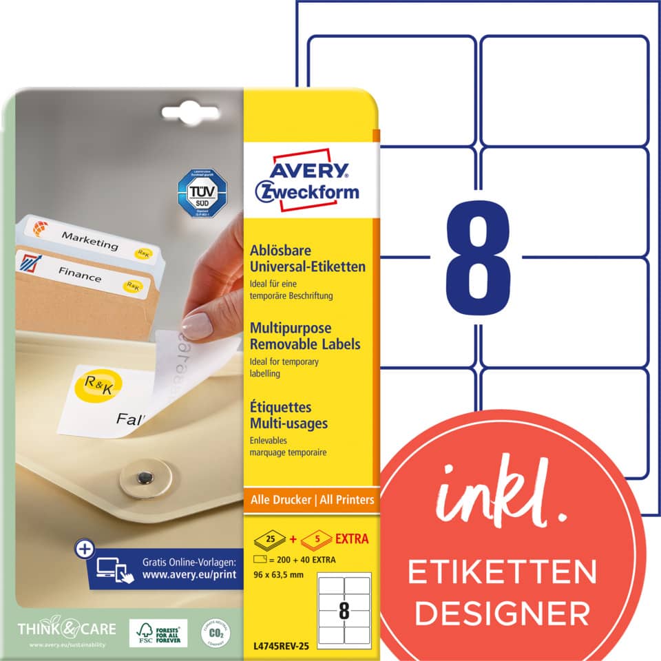 Universaletiketten ablösbar, 96x63,5mm, 200 Stück, weiß AVERY ZWECKFORM L4745REV-25 ZWECKFORM L4745REV-25 200ST