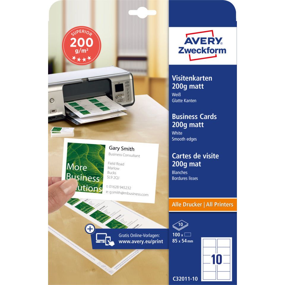 Visitenkarten Superior, 85x54mm, 200g/m², 100 Stück, weiß AVERY ZWECKFORM C32011-10 ZWECKFORM C32011-10  200g