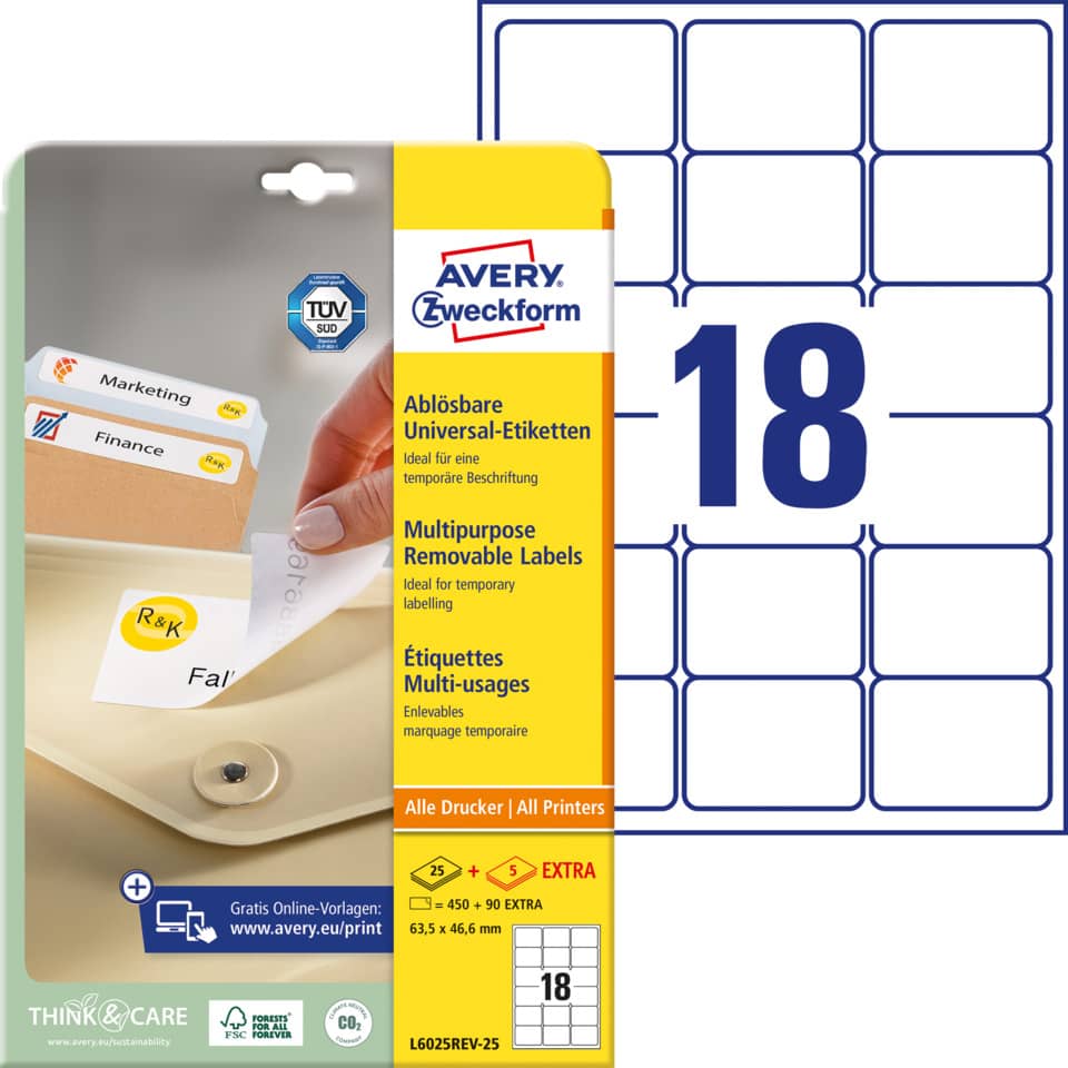 Universaletiketten ablösbar, 63,5x46,6mm, 540 Stück, weiß AVERY ZWECKFORM L6025REV-25 ZWECKFORM L6025REV-25 450ST