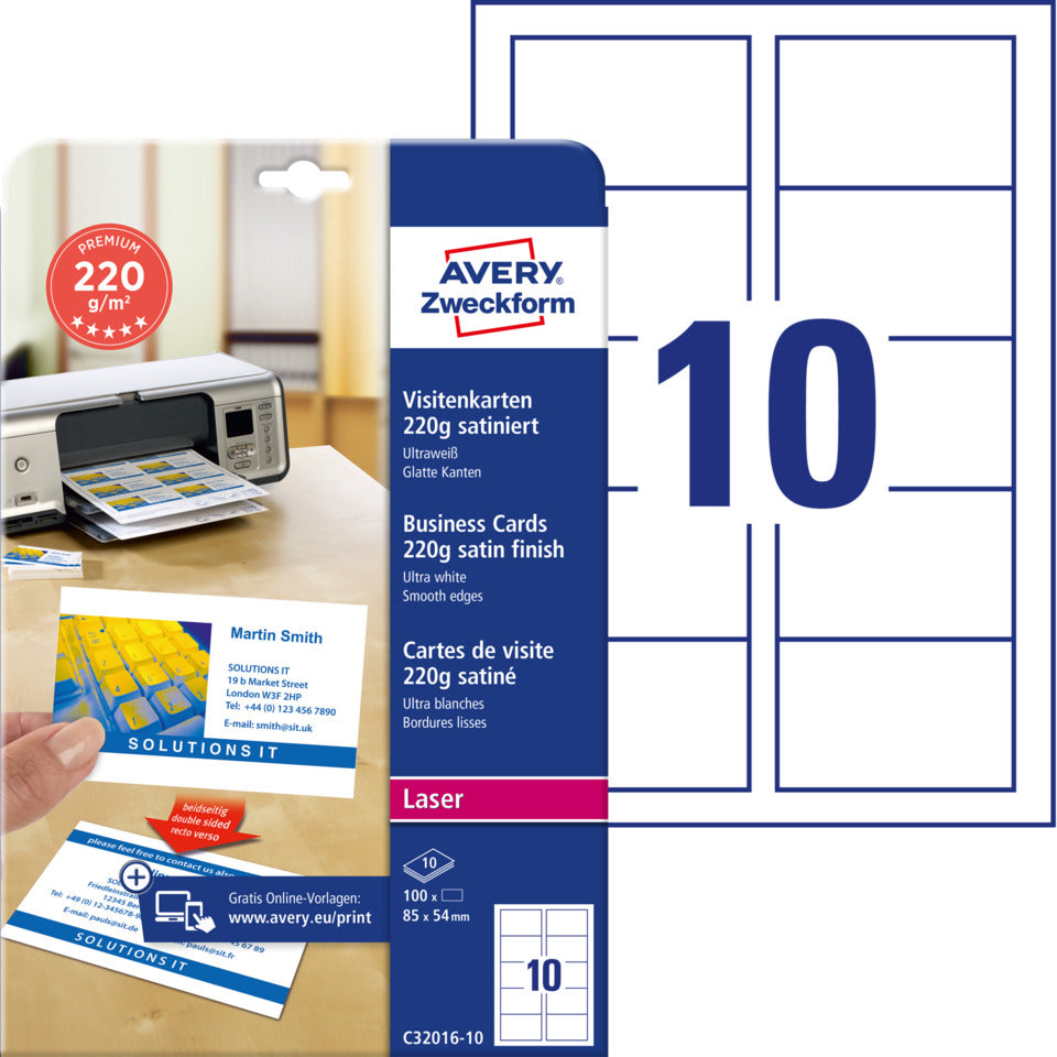 Visitenkarten Classic, 85x54mm, 220g/m², 100 Stück, weiß AVERY ZWECKFORM C32016-10 ZWECKFORM C3201610 85x54mm 260g