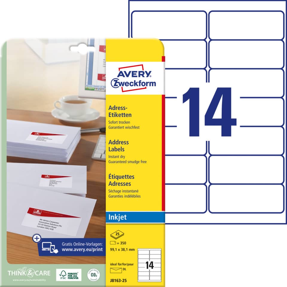 Adress-Etiketten, 99,1x38,1mm, 350 Stück, weiß AVERY ZWECKFORM J8163-25 J816325  99.1x38.1 350ST