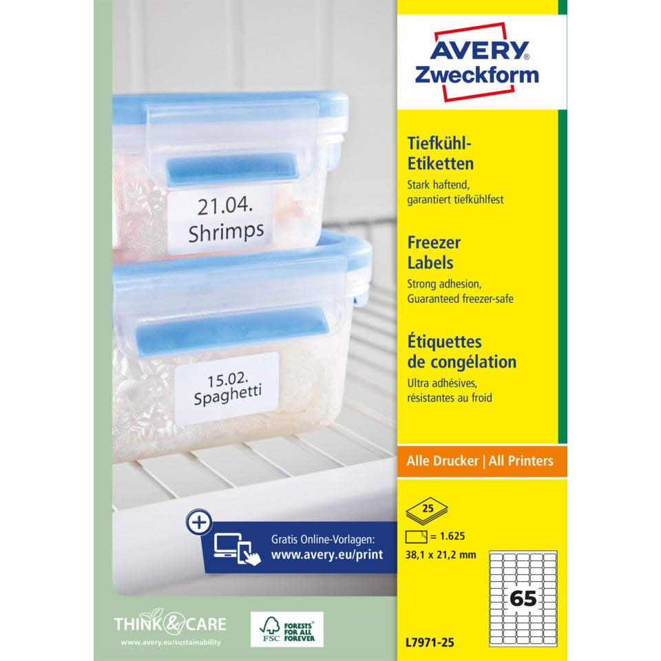 Tiefkühl-Etiketten, 38,1x21,2mm, 1625 Stück, weiß AVERY ZWECKFORM L7971-25 ZWECKFORM L7971-25 Tiefkühl