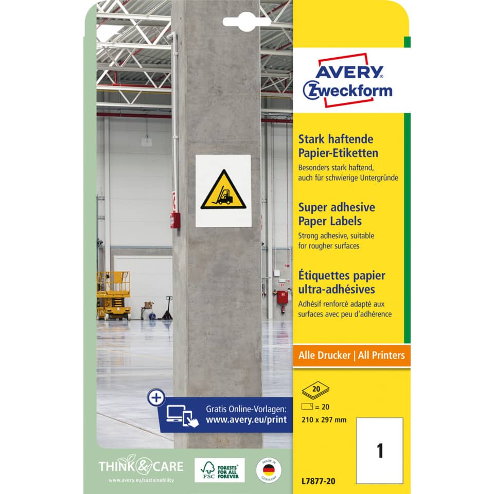 Universaletiketten stark haftend, 210x297mm, 20 Stück, weiß AVERY ZWECKFORM L7877-20