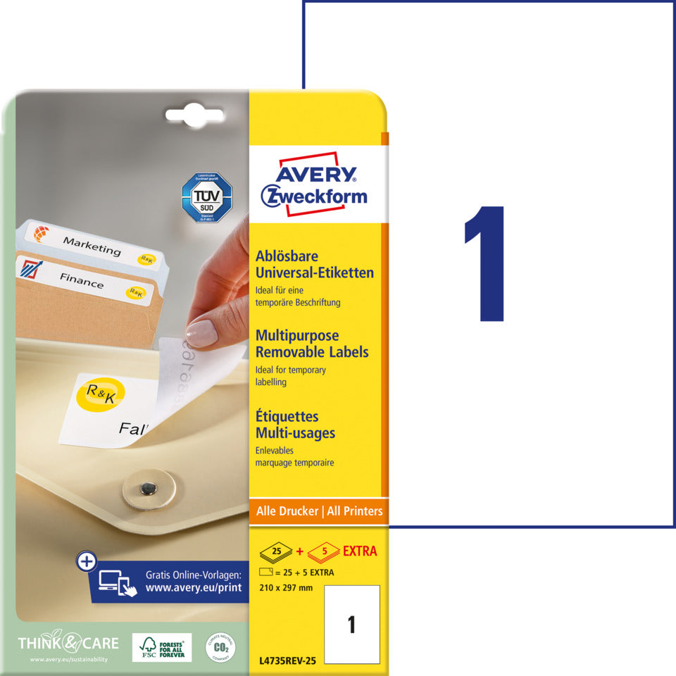 Universaletiketten ablösbar, 210x297mm, 30 Stück, weiß AVERY ZWECKFORM L4735REV-25 ZWECKFORM L4735REV-25 weiß