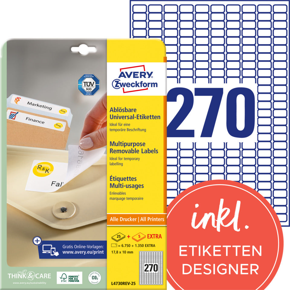 Universaletiketten ablösbar, 17,8x10mm, 8100 Stück, weiß AVERY ZWECKFORM L4730REV-25 ZWECKFORM L4730REV-25 weiß